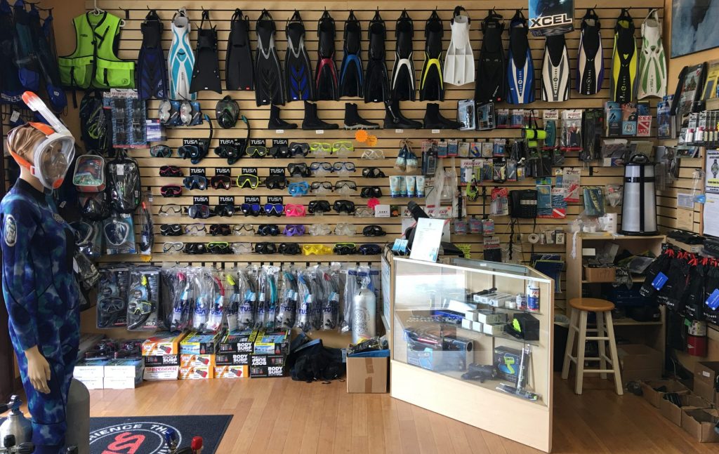 Dive Shops Online, inside dive shop with diving equipment