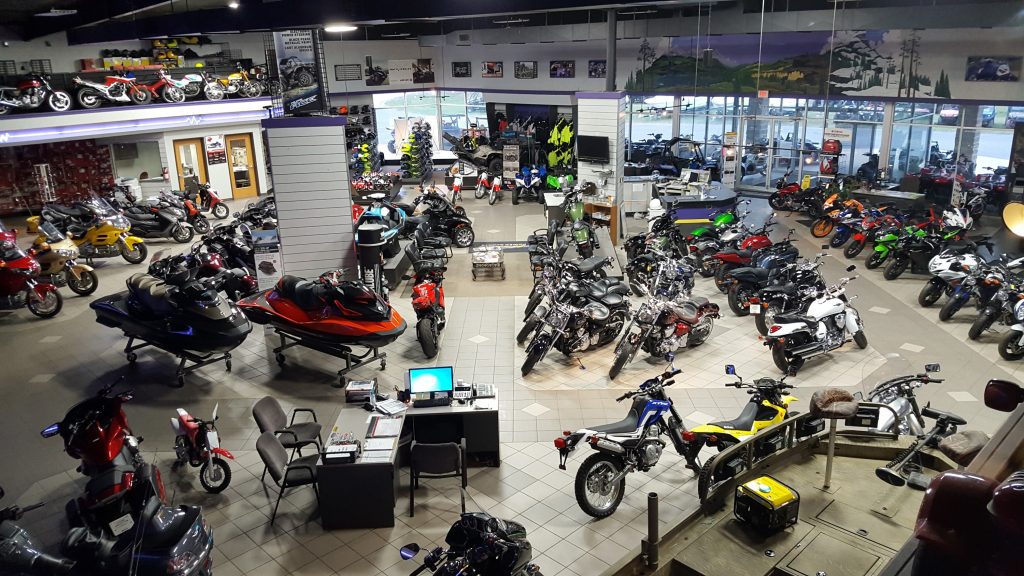 inside a power sports stores with atvs off road bikes and more