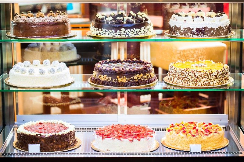 cakes on display in cake shop
