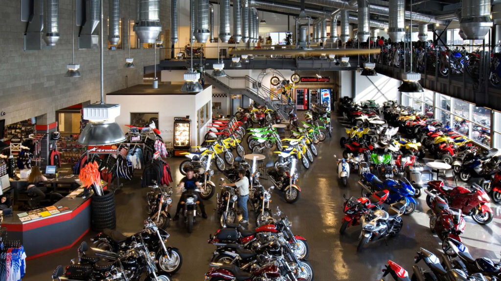 Motorcycle Dealers Online, inside motorcycle showroom with different motorcycles on display